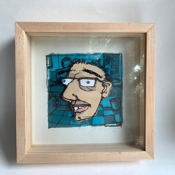 Signed 3D Framed Portrait Man with Blue Checked Background Wood Frame 2000 - Picture 1 of 5